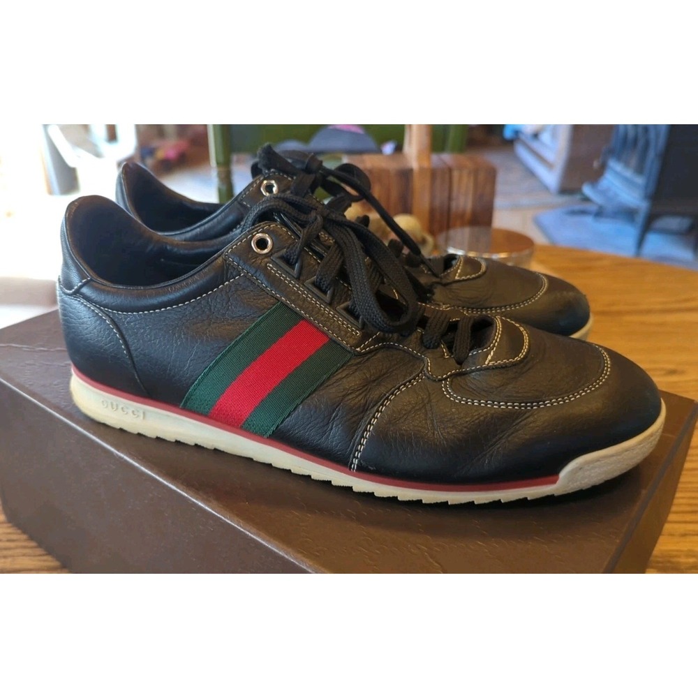Gucci GG Web Stripe Sneakers Black Leather Size 8 US Low Top Lace-Up Trainer Box - Picture 2 of 16
